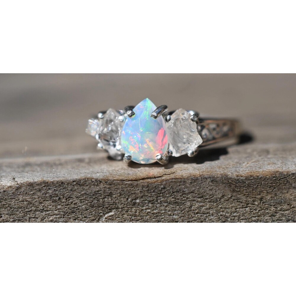 Engagement ring crystal wedding ring, Ethiopian opal  sterling silver size 3 4 5